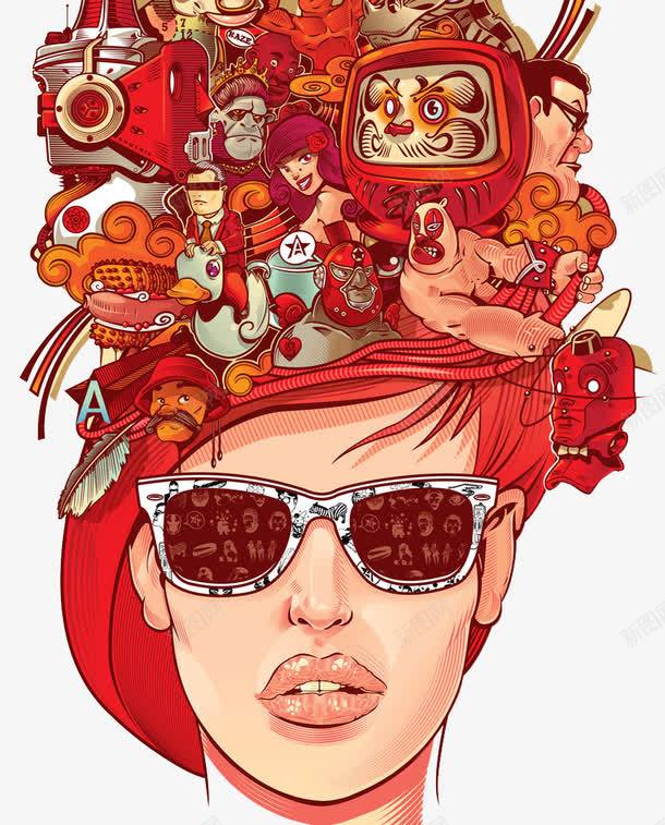 创意彩绘头饰戴眼镜的女人png免抠素材_88icon https://88icon.com 创意插图 戴眼镜的女人
