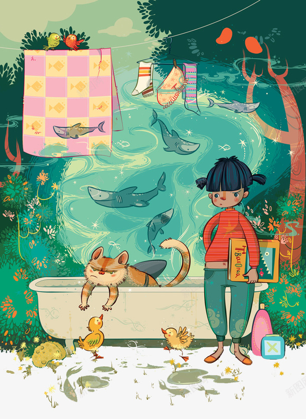 手绘女孩猫鸭子鱼psd免抠素材_88icon https://88icon.com 创意设计 可爱卡片 手绘插画