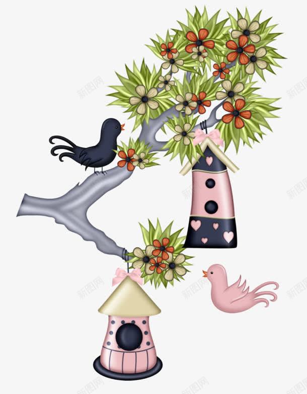 鸟语花香png免抠素材_88icon https://88icon.com 叶子 小鸟 果枝 树枝 鸟窝
