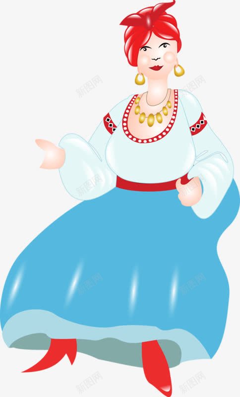 卡通手绘女人动漫人物png免抠素材_88icon https://88icon.com 大耳坠 大金链 红色头发 蓝色裙子 金链子