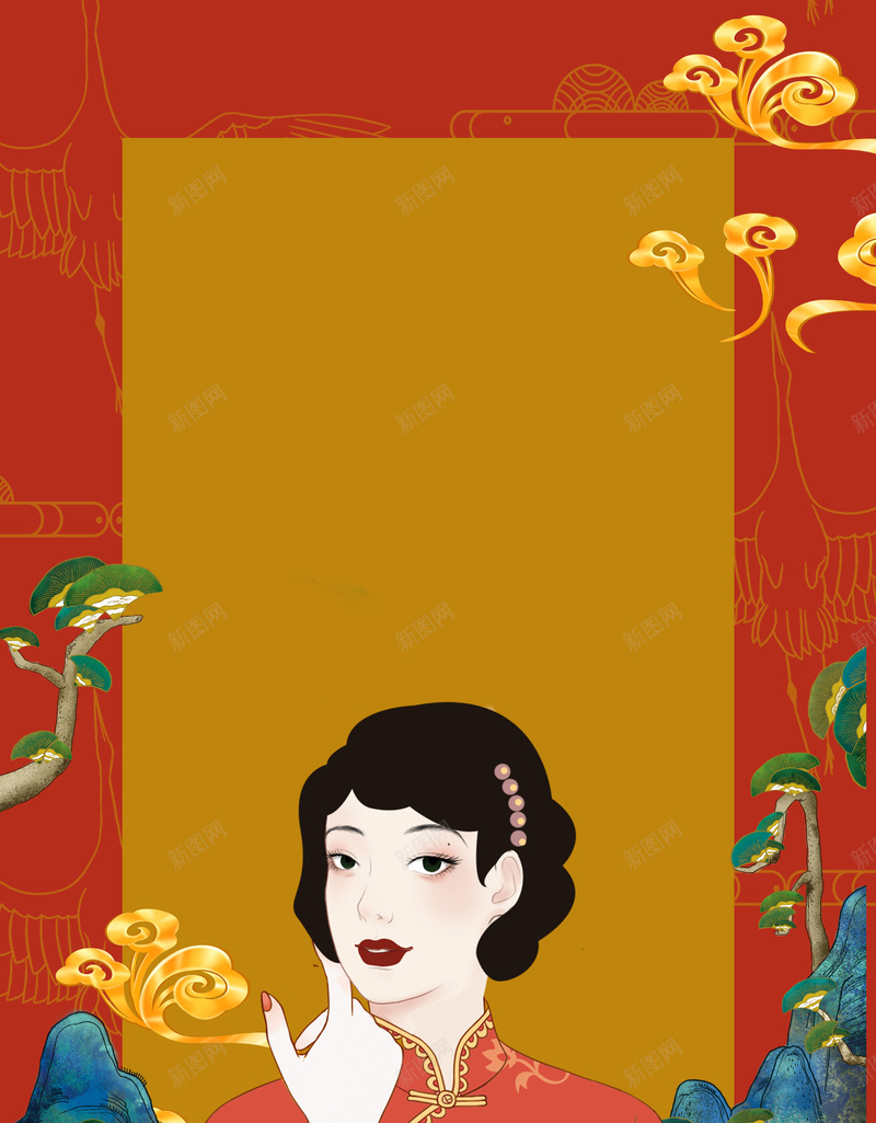 古代女人旗袍psd设计背景_88icon https://88icon.com 古代 女人 旗袍 松树