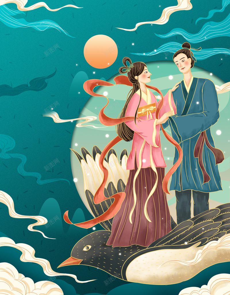 手绘牛郎织女背景图psd设计背景_88icon https://88icon.com 七夕 喜鹊 手绘背景图 牛郎织女 背景图