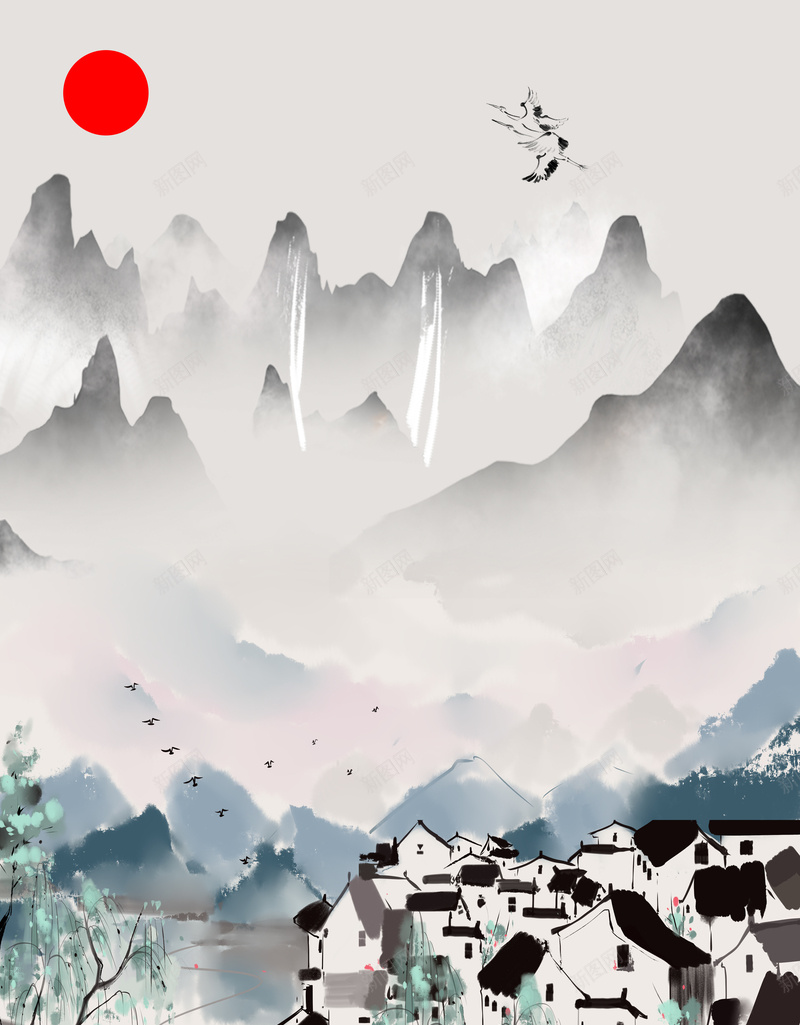 手绘古风远山飞檐元素图psd设计背景_88icon https://88icon.com 元素图 古风 手绘 柳条 远山 飞檐