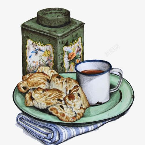 干面包和咖啡手绘画片png免抠素材_88icon https://88icon.com 咖啡杯 干面包 手绘美食 牛角面包 面包