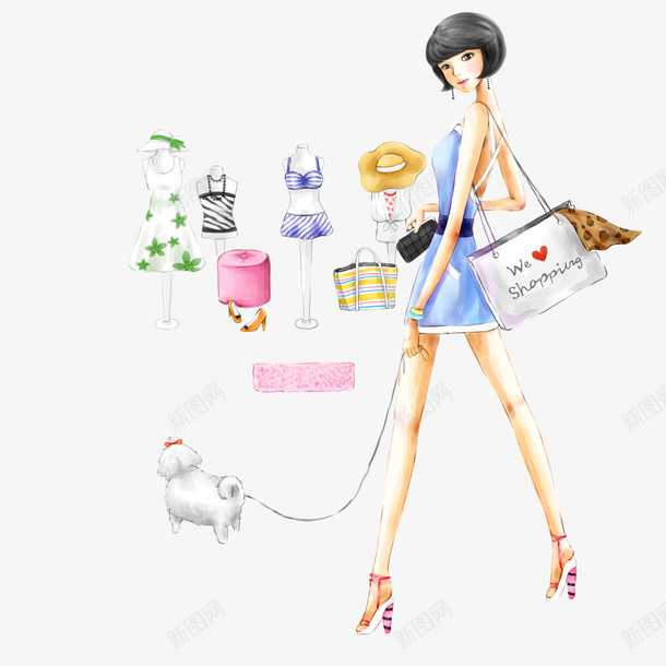 溜狗的时尚女郎psd免抠素材_88icon https://88icon.com 手绘 时尚 溜狗 溜狗的女郎