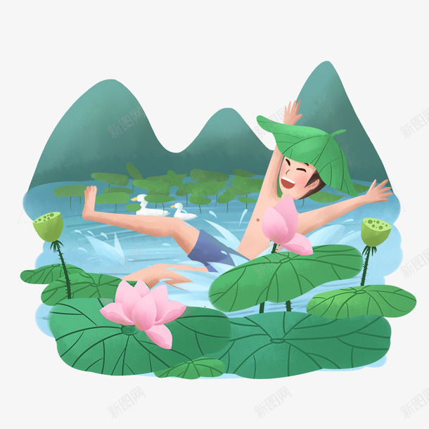 手绘夏日戏水荷塘玩耍男孩插画psd免抠素材_88icon https://88icon.com 夏日 戏水荷塘 手绘 玩耍 男孩插画