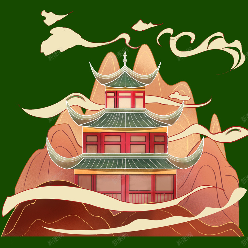 祥云楼阁亭子建筑手绘psd设计背景_88icon https://88icon.com 亭子 建筑 手绘 楼阁 祥云