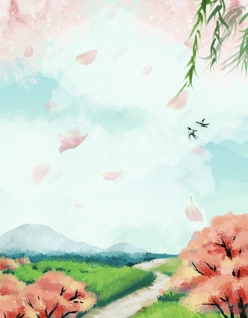 唯美小清新谷雨插画psd设计背景_88icon https://88icon.com 桃树 粉色 精美手绘 谷雨 雨水