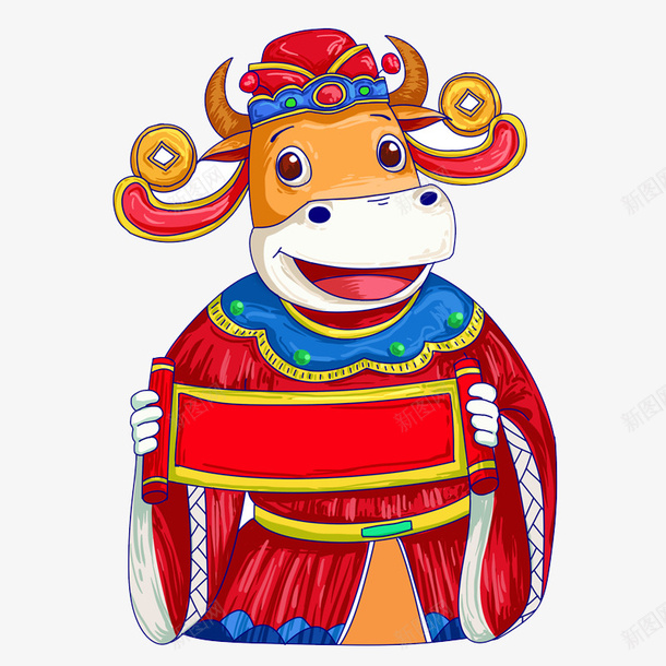 拿着对联的牛财神psd免抠素材_88icon https://88icon.com 手绘 牛 喜庆 节日牛 生肖牛