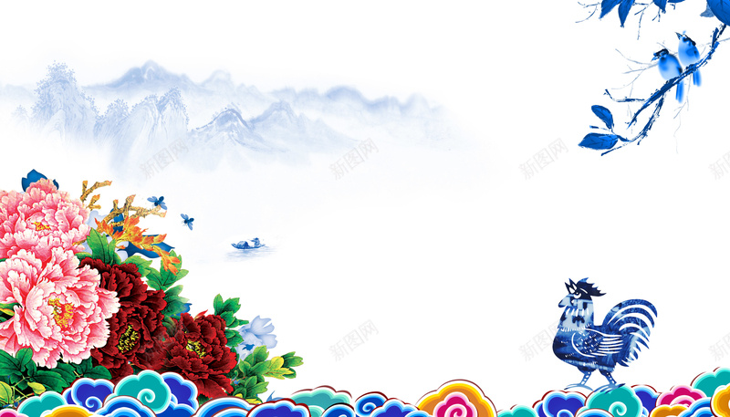 中国风新年鸡年海报背景素材jpg设计背景_88icon https://88icon.com 中国风 新年海报 鸡年 花朵 树叶 山水背景 背景素材 波浪花纹 新年素材