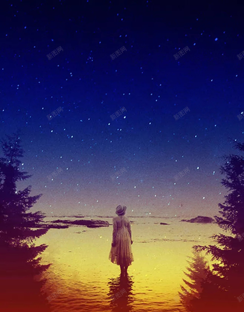 孤独的背影海报设计jpg设计背景_88icon https://88icon.com 夏季 夜晚 孤单 孤独 孤独寂寞少女 寂寞 少女 星空 树林 湖泊 白裙 白裙子 短袖 礁石 背影
