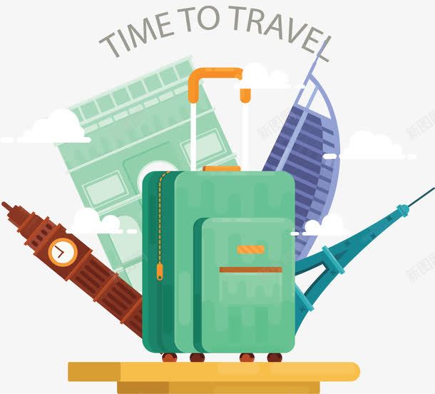 假日时间旅游海报矢量图ai免抠素材_88icon https://88icon.com 世界旅游 旅游 矢量png 绿色行李箱 行李箱 矢量图