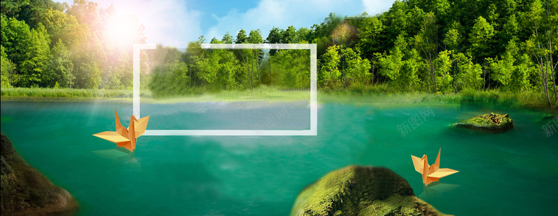 清新山水jpg设计背景_88icon https://88icon.com 绿色 山水 千纸鹤 石头 树木 海报banner 摄影 风景