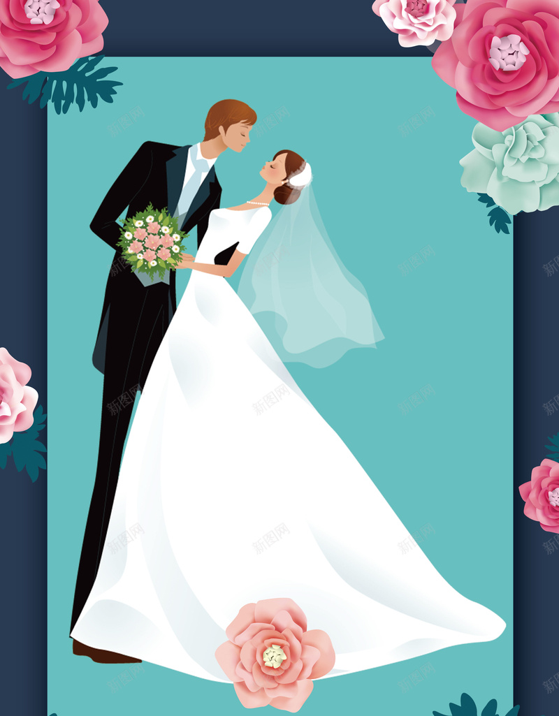 结婚季蓝色手绘婚礼请柬新人背景psd设计背景_88icon https://88icon.com 婚礼请柬 新人背景 结婚季 手绘 蓝色 花朵 新娘 新郎 人物插画 小清新 文艺