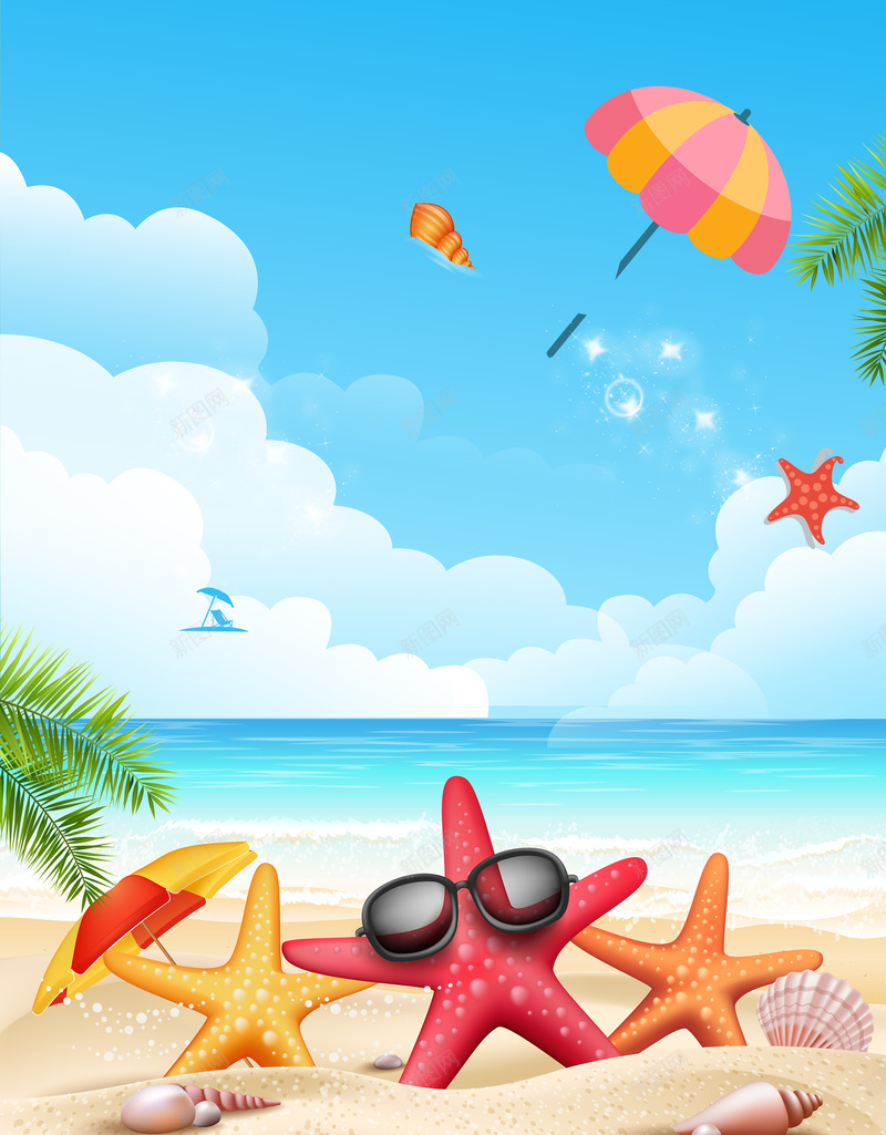 夏季旅游宣传海报背景素材psd设计背景_88icon https://88icon.com 可爱 夏季 宣传 旅游 沙滩 蓝天 白云 海星 树叶 海报 背景 素材