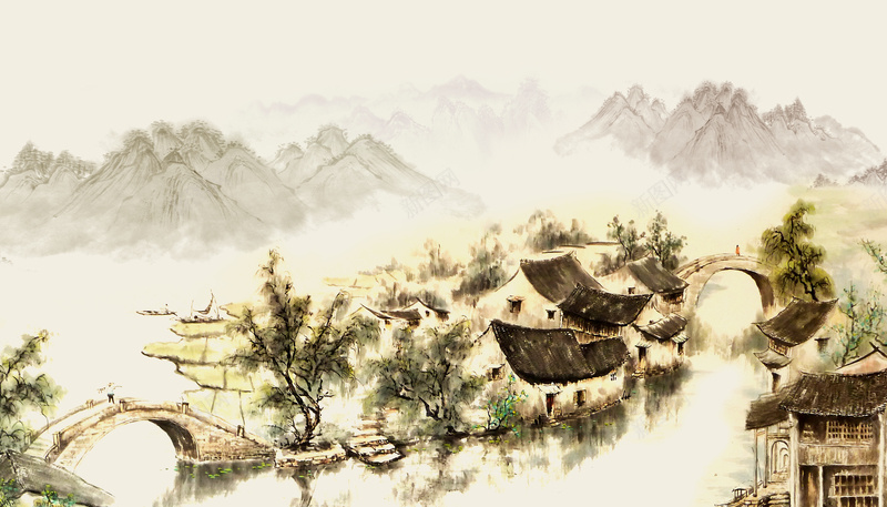中国风水墨山水背景psd设计背景_88icon https://88icon.com 山水 中国风 房子 建筑 古代 水墨 背景