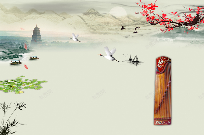 文艺简约古典海报背景psd设计背景_88icon https://88icon.com 文艺 简约 古典 梅花 荷花 古筝 渐变 文艺背景 古典背景
