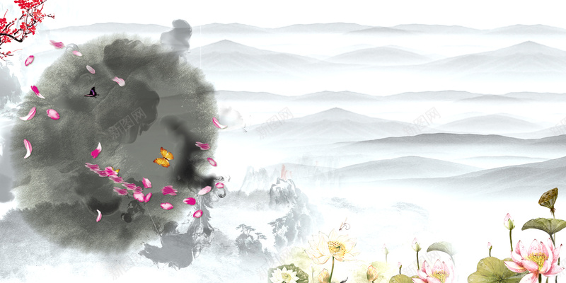水墨山水画荷花背景素材psd设计背景_88icon https://88icon.com 泼墨 山水 水墨 荷花 梅花 中国画 中国元素 中国风 海报背景