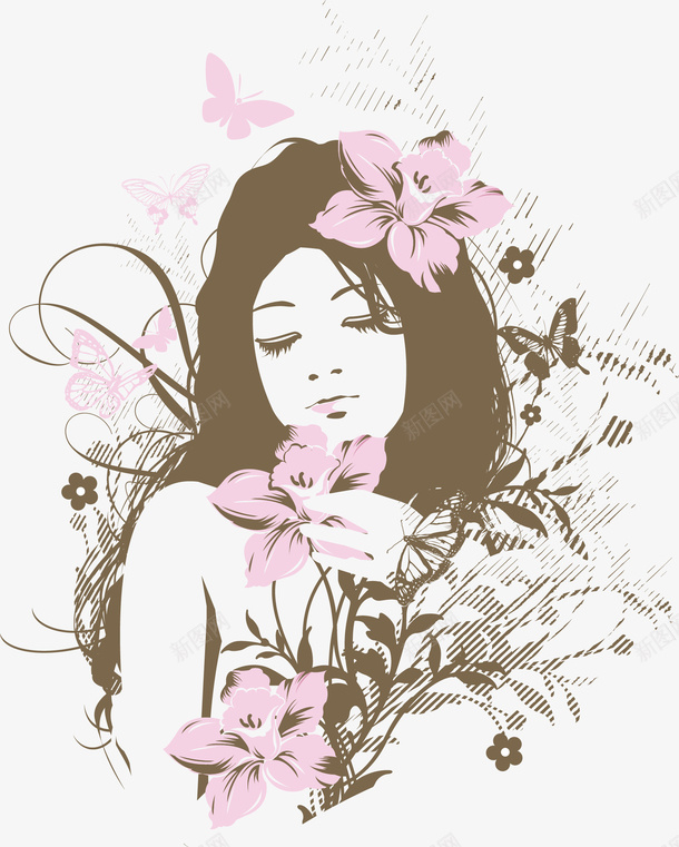 头戴鲜花的美女插画矢量图ai免抠素材_88icon https://88icon.com 手绘美女 棕色 粉色 美女插画 矢量图