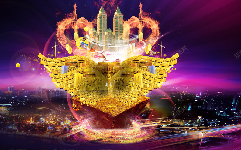 紫色底金色翅膀印刷背景psd设计背景_88icon https://88icon.com 紫色 翅膀 城市 辉煌 背景 火焰 灯光