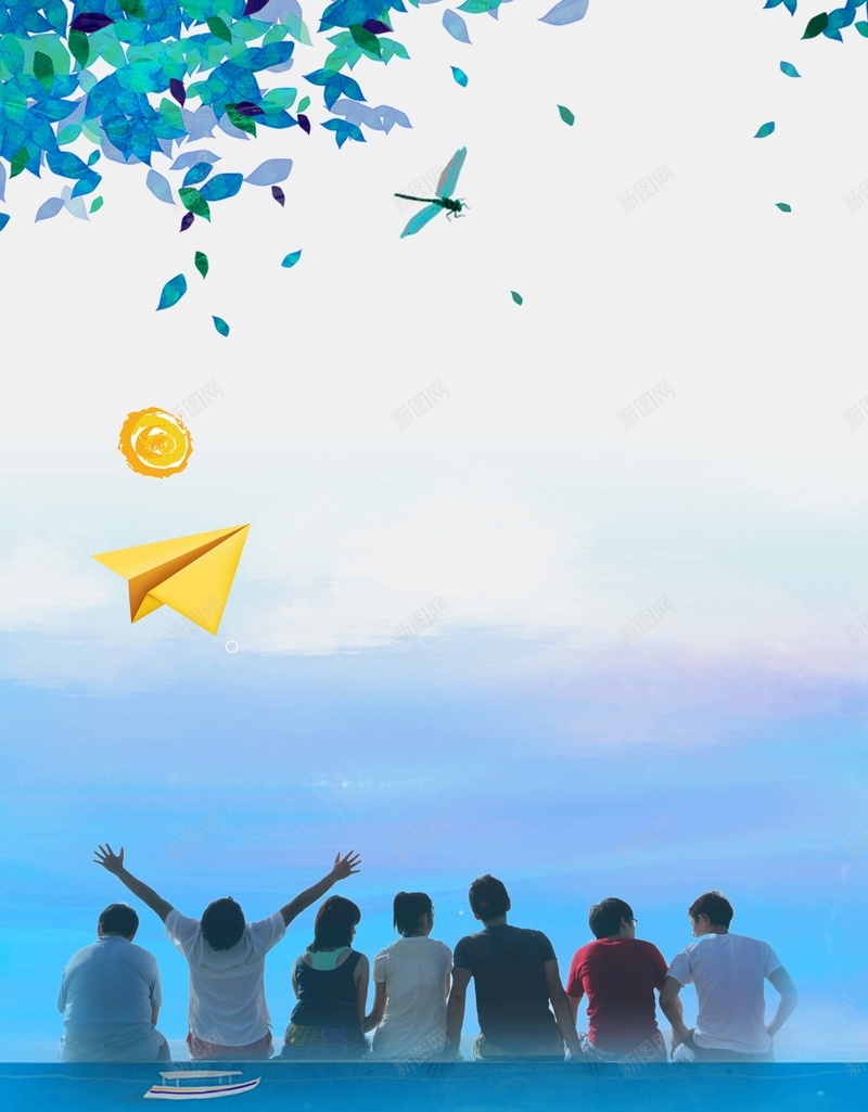 毕业旅行蓝色清新宣传海报psd设计背景_88icon https://88icon.com 2018 友谊 我的青春谁做主 户外运动 旅游 旅行 树叶 毕业 活力 纸飞机 蓝色 青春