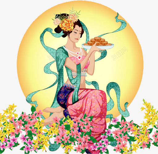 中秋月亮端月饼古典美女png免抠素材_88icon https://88icon.com 中国节 中国风 中秋节 优雅大气 八月十五 古典美女 嫦娥 月饼节 玉兔 神话传说 花朵
