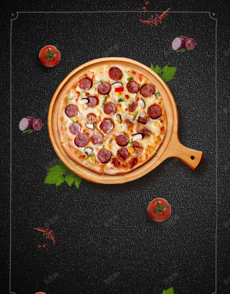 美味比萨饼海报背景图jpg设计背景_88icon https://88icon.com 美食文化 比萨饼 美味 食物 餐饮 连锁 黑色背景 质感 西红柿 开心