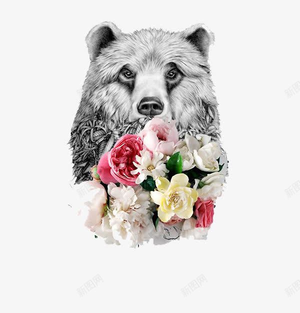 熊和鲜花png免抠素材_88icon https://88icon.com 白熊 粉红色 背景 花束 装饰