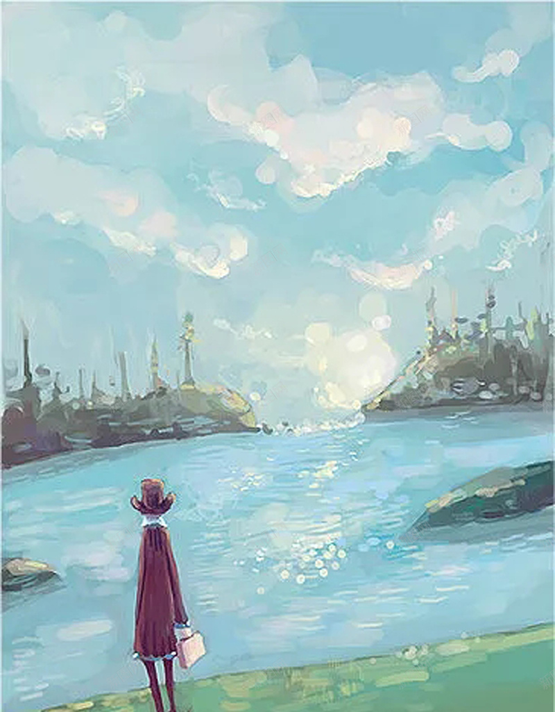 文艺卡通海报背景psd设计背景_88icon https://88icon.com 卡通 天空 小女孩 憧憬 手绘 文艺 海水 童趣 绿地 草地