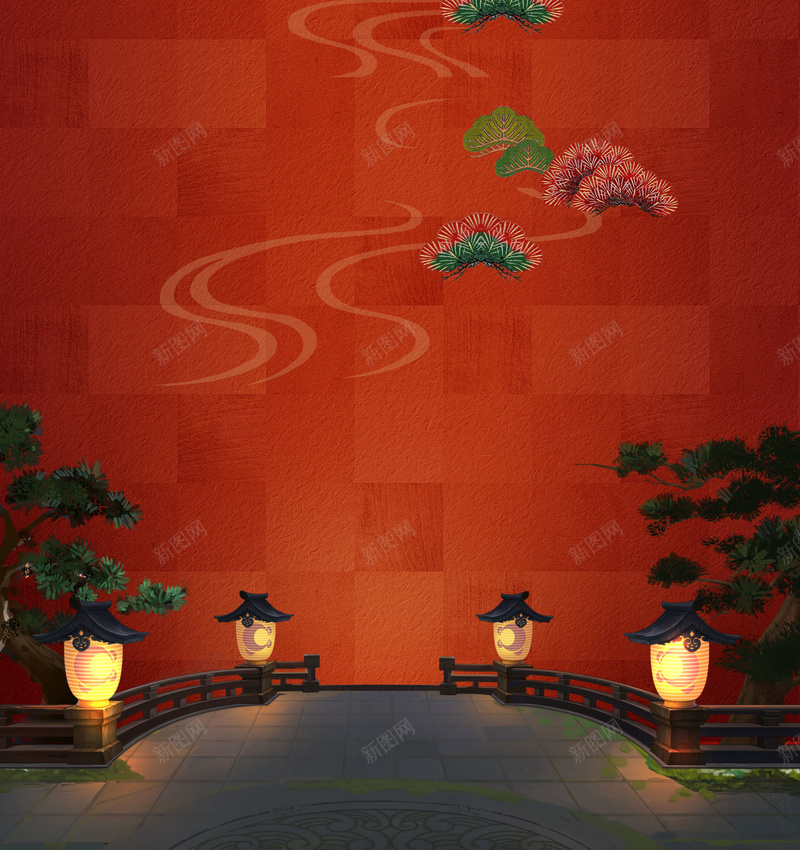 复古风红色新年背景祥云野鹤风大气背景jpg设计背景_88icon https://88icon.com 红色 新年 节日 背景