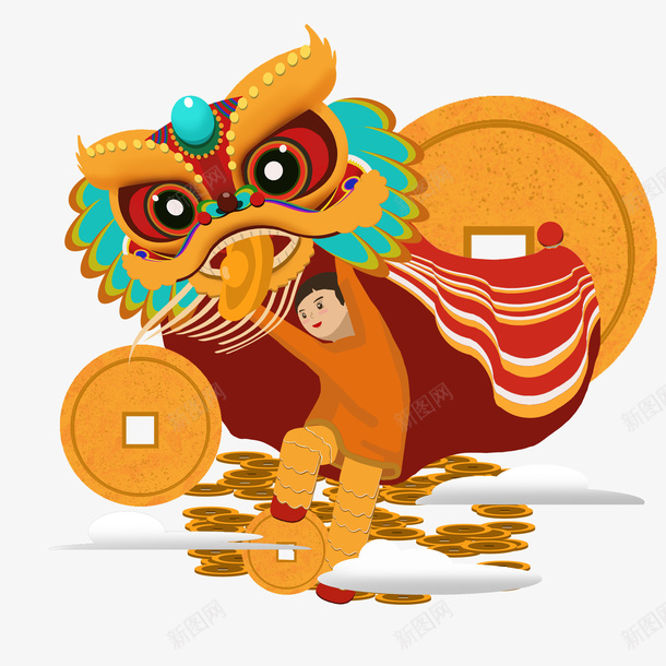 新年舞狮手绘卡通人物素材png免抠素材_88icon https://88icon.com 新年 喜庆 舞狮 卡通