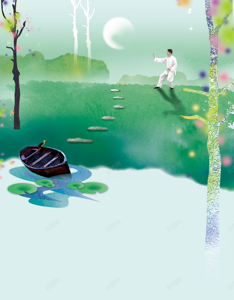 水墨彩色背景jpg设计背景_88icon https://88icon.com 水墨彩色背景 人物 绿色 木舟 中国风