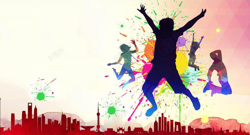 跳跃红色展臂炫彩剪影jpg设计背景_88icon https://88icon.com 人形 剪影 城市 渐变 炫彩 红色 跳跃 都市