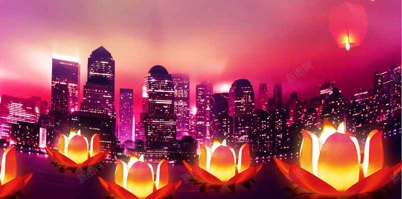 元宵节psd背景h5jpg设计背景_88icon https://88icon.com 中国风 建筑 灯笼 缤彩紫色 莲花