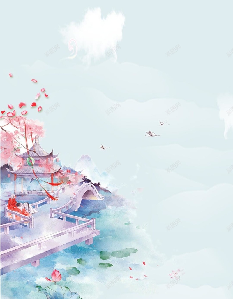 古风中国风绿色海报广告H5背景jpg设计背景_88icon https://88icon.com 古风 中国风 海报 广告 素材 绿色背景 花卉 房屋 H5背景素材