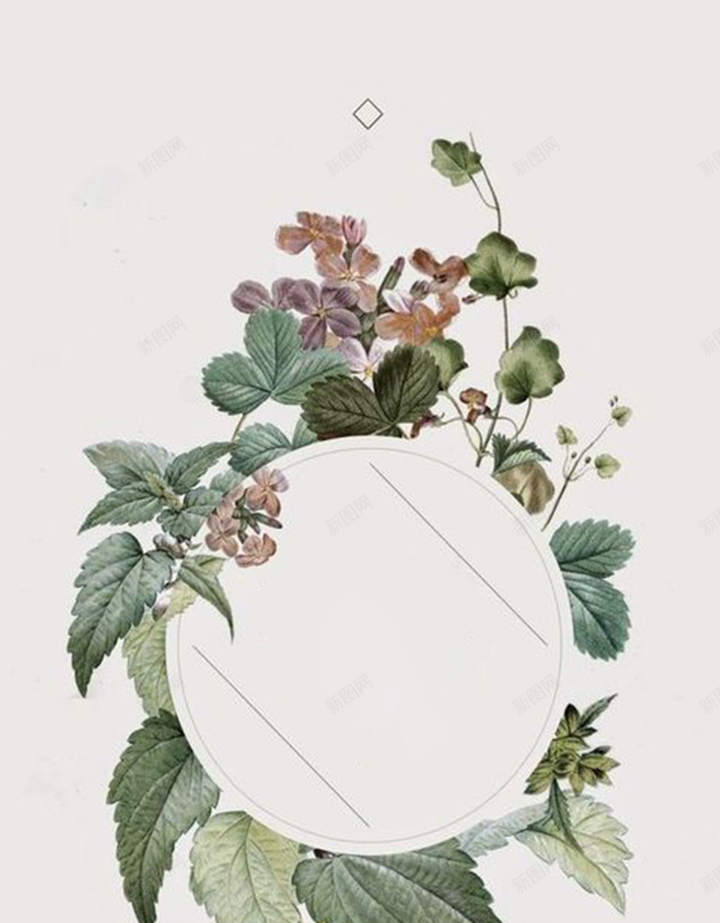 手绘花朵插画背景图jpg设计背景_88icon https://88icon.com 圆形框 手绘 插画 文艺 植物 浅灰色 绿叶 花朵