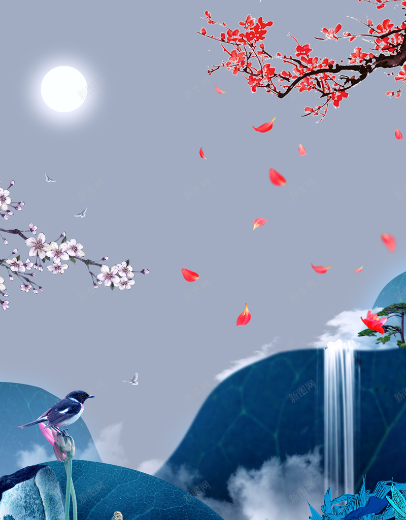 中国风梅花花瓣下的瀑布背景素材psd设计背景_88icon https://88icon.com 中国风背景 中国风 梅花 花卉 花朵 莲花 莲叶 山水 鸟雀 月亮 桃花 花瓣 瀑布 云雾 云朵