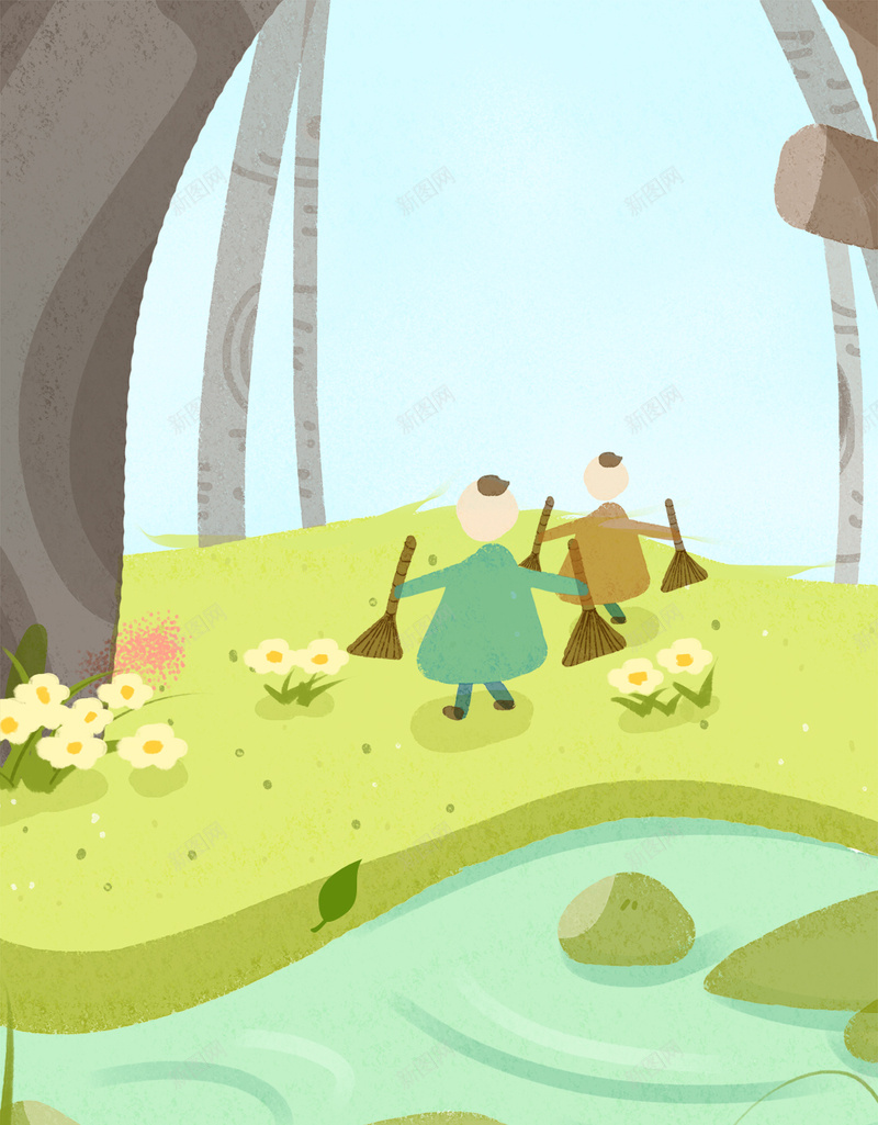手绘春季扫除H5背景psd设计背景_88icon https://88icon.com 小溪 手绘 扫除 春季 绿色 树木 河水 河边 春景 春色