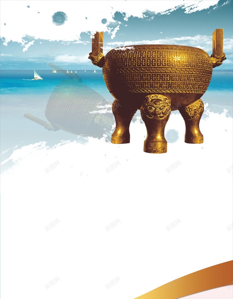 中国风金鼎单页背景jpg设计背景_88icon https://88icon.com 中国风 金鼎 立体 笔刷 蓝色 墨迹 白色