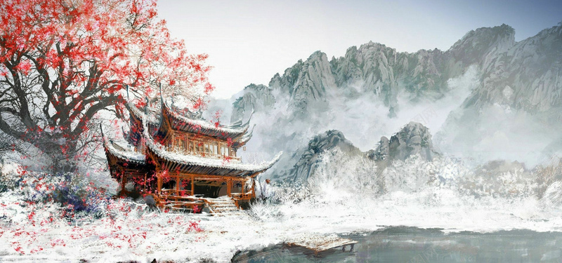 中国风雪景背景jpg设计背景_88icon https://88icon.com 中国风 雪景 唯美 海报banner 庙宇