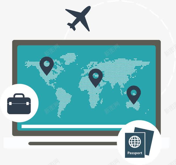 国际旅游准备工作png免抠素材_88icon https://88icon.com 世界地图 公文包 出国旅游 护照 飞机