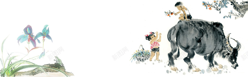 牧童花水墨画背景jpg设计背景_88icon https://88icon.com 中国风 国画牛 女孩 开心 水墨画 海报banner 牛 牧童 花