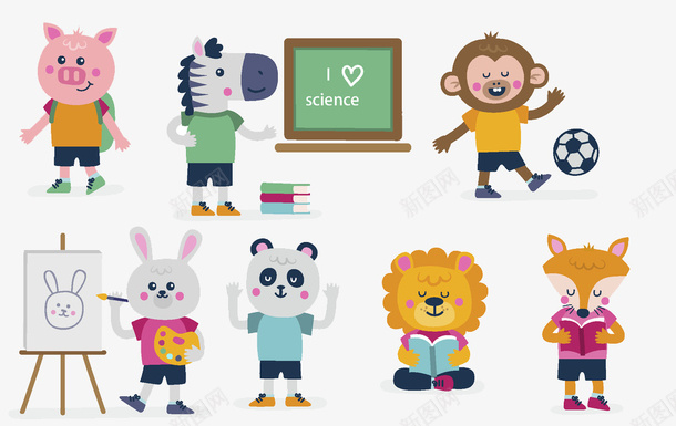 卡通小动物png免抠素材_88icon https://88icon.com 小兔子画画 小猪背书包 小猴子踢足球 斑马讲课黑板 水彩