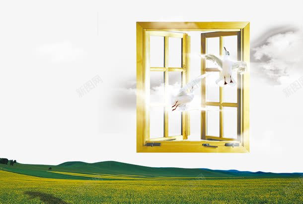 地产海报草原png免抠素材_88icon https://88icon.com 云朵 地产海报草原 木窗 草地 草坪 门窗 鸽子