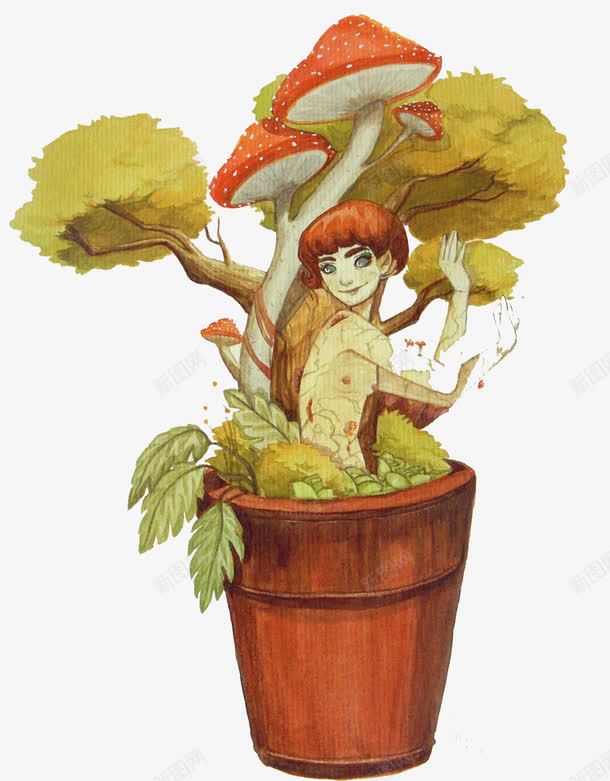 卡通彩绘木桶植物和人png免抠素材_88icon https://88icon.com 人 卡通彩绘木桶 植物