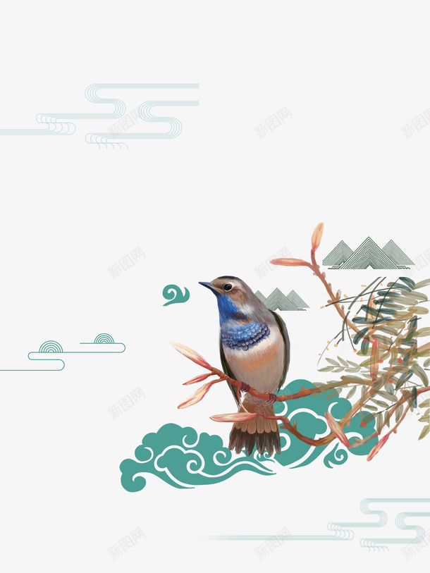 手绘花鸟元素图psd免抠素材_88icon https://88icon.com 花鸟 手绘元素 花枝 云纹