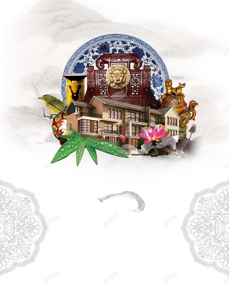 地产别墅创意广告海报背景psd设计背景_88icon https://88icon.com 创意 别墅 地产 广告 竹叶 中国风 纹理 海报 背景