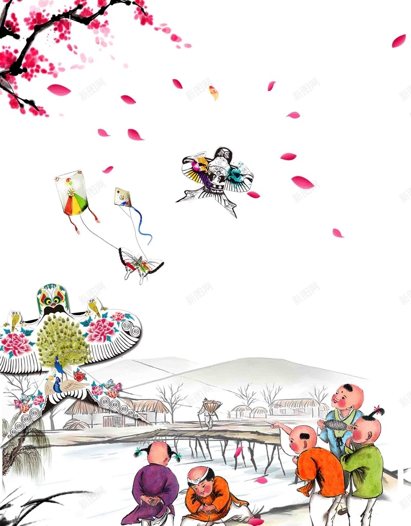 中国风手绘风筝节海报背景模板psd设计背景_88icon https://88icon.com 主题海报 传统文化 海报设计 中国风 手绘 插画设计 风筝节 风筝 孩童 花瓣 海报背景