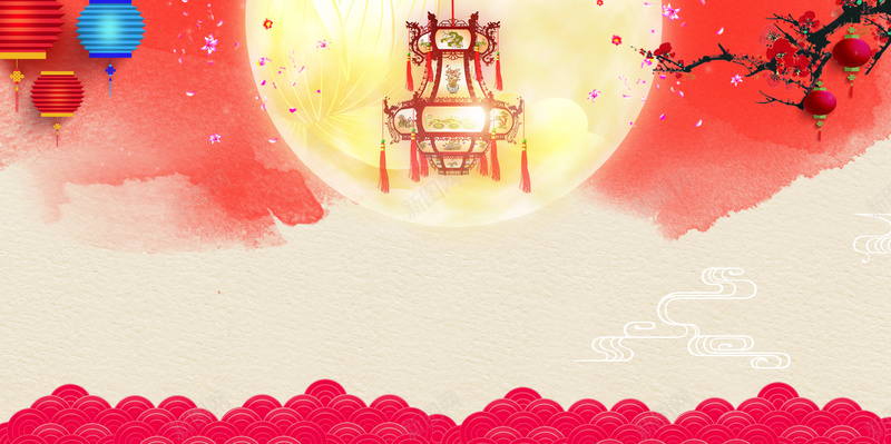 中国风式海报素材背景jpg设计背景_88icon https://88icon.com 花灯 梅花 中式花纹 圆月 中国风 背景喜欢