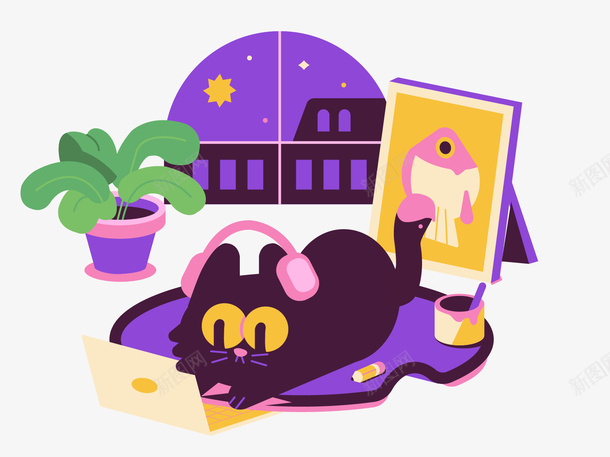 猫咪在玩笔记本png免抠素材_88icon https://88icon.com 笔记本 油画 猫 插画 紫色 绿色